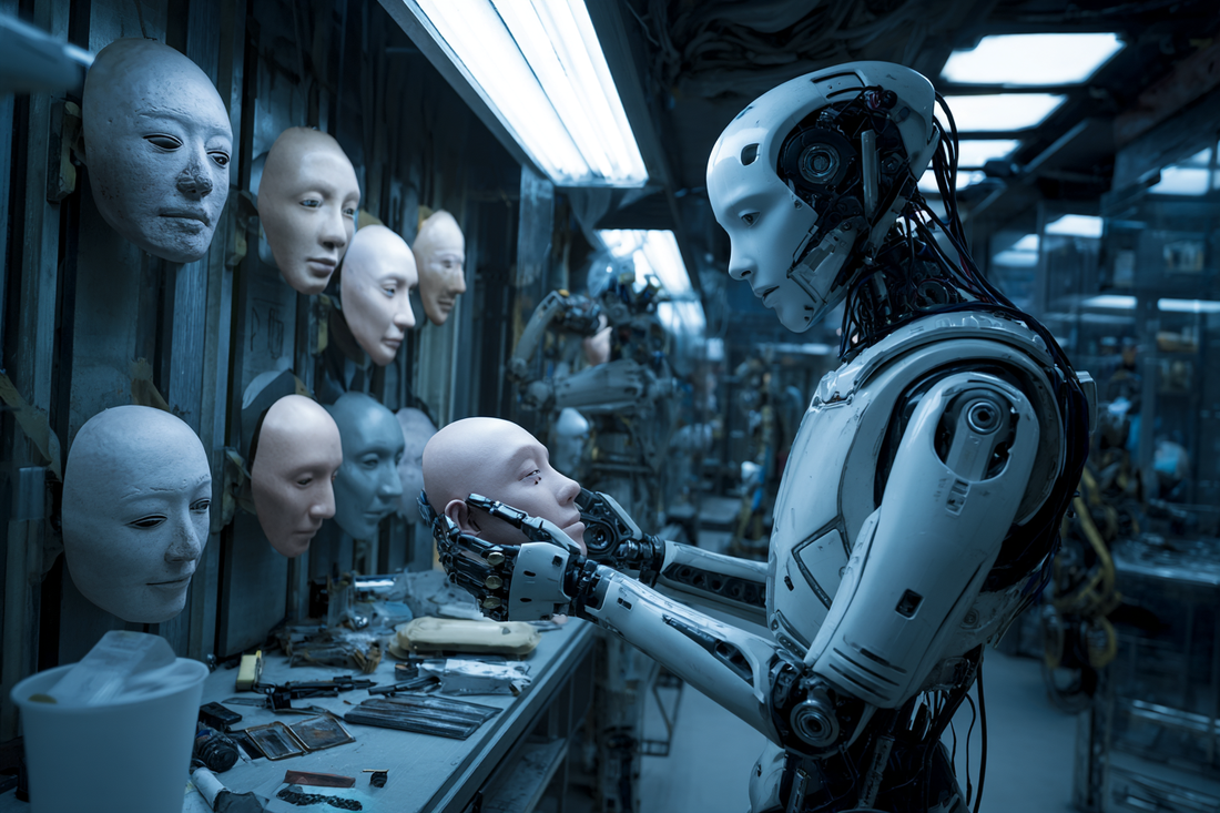 robot stands in front of a shelf lined with various synthetic faces